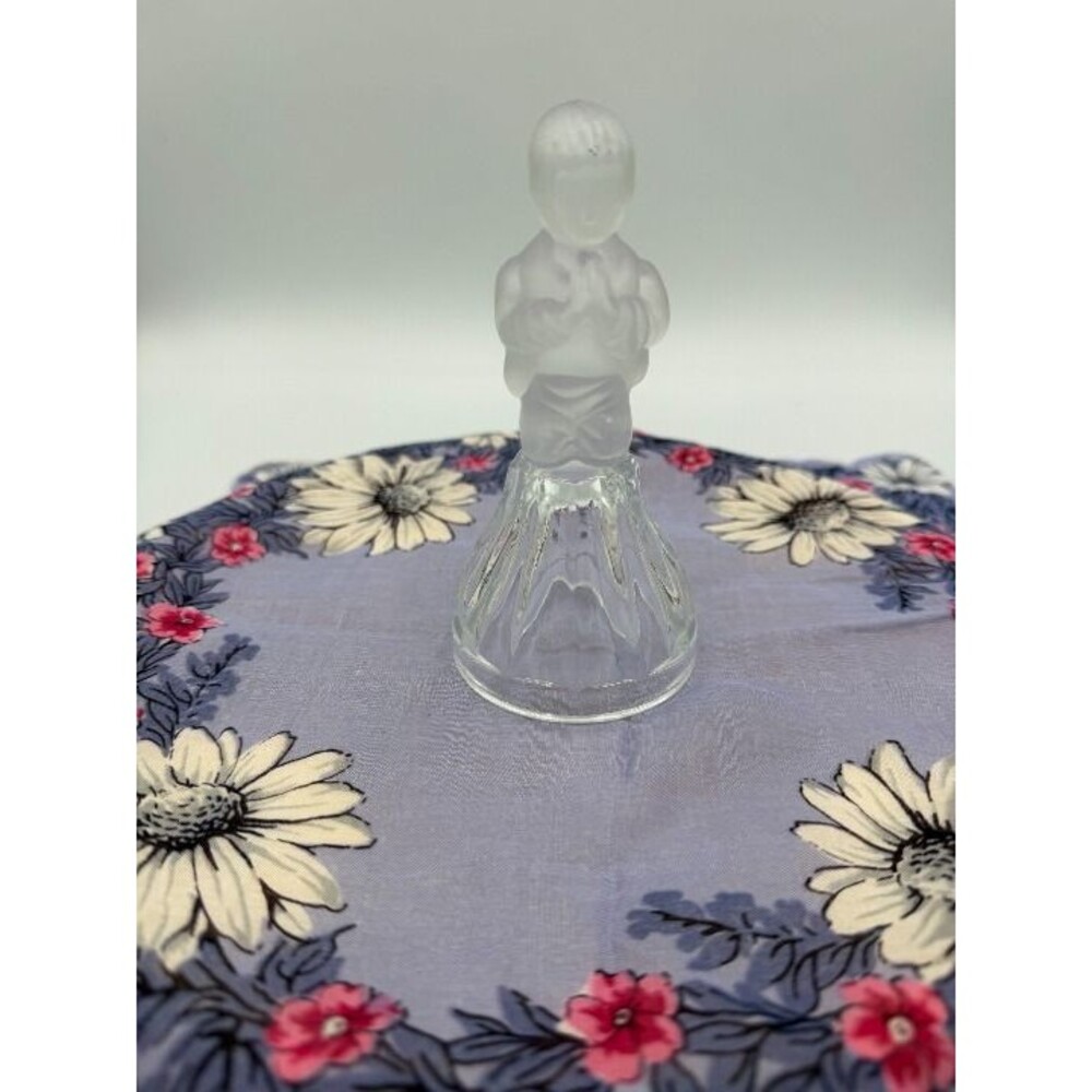 VINTAGE CRYSTAL CLEAR & FROSTED PRAYING CHILD GLASS BELL, 5.5" X 2.5", GOOD COND